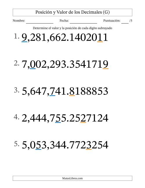 La hoja de ejercicios de Determinar Posición y Valor de Números con Decimales desde Las Diezmillonésimas hasta Los Millones (Formato Grande) (G)