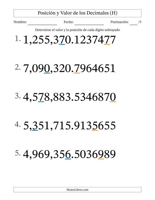 La hoja de ejercicios de Determinar Posición y Valor de Números con Decimales desde Las Diezmillonésimas hasta Los Millones (Formato Grande) (H)