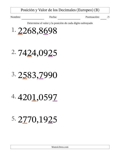La hoja de ejercicios de Determinar Posición y Valor de Números con Decimales desde Las Diezmilésimas hasta Los Millares (Formato Grande), Formato Europeo (B)
