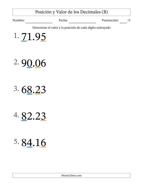 La hoja de ejercicios de Determinar Posición y Valor de Números con Decimales desde Las Centésimas hasta Las Decenas (Formato Grande) (B)