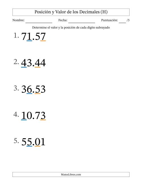 La hoja de ejercicios de Determinar Posición y Valor de Números con Decimales desde Las Centésimas hasta Las Decenas (Formato Grande) (H)