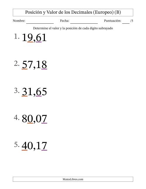 La hoja de ejercicios de Determinar Posición y Valor de Números con Decimales desde Las Centésimas hasta Las Decenas (Formato Grande), Formato Europeo (B)