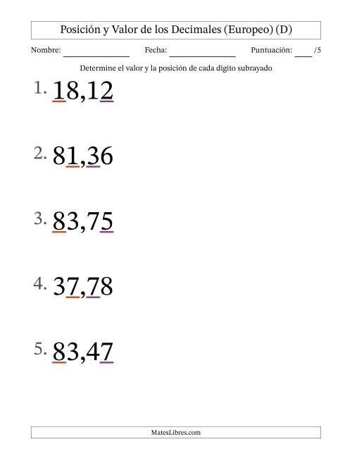 La hoja de ejercicios de Determinar Posición y Valor de Números con Decimales desde Las Centésimas hasta Las Decenas (Formato Grande), Formato Europeo (D)