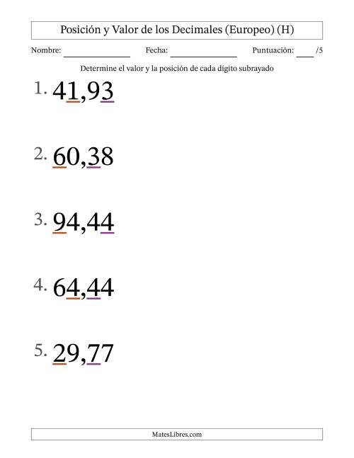 La hoja de ejercicios de Determinar Posición y Valor de Números con Decimales desde Las Centésimas hasta Las Decenas (Formato Grande), Formato Europeo (H)