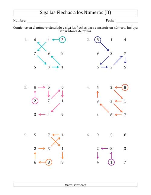 La hoja de ejercicios de Siga las Flechas para Construir un Número e Incluya Separadores de Millar (Números de la Cuadrícula Regados) (B)
