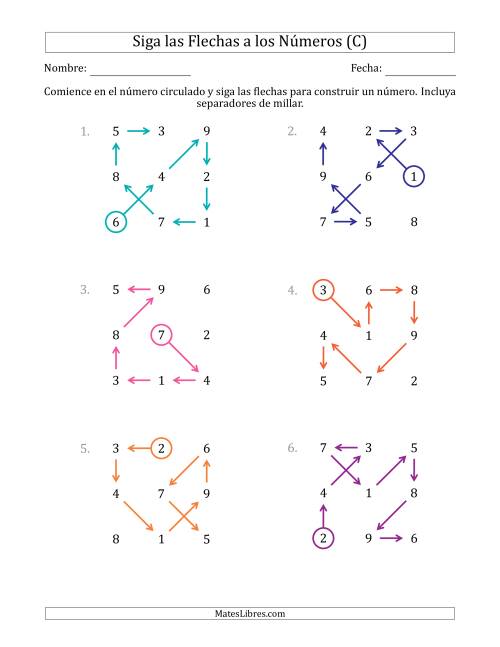 La hoja de ejercicios de Siga las Flechas para Construir un Número e Incluya Separadores de Millar (Números de la Cuadrícula Regados) (C)
