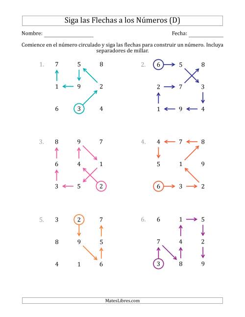 La hoja de ejercicios de Siga las Flechas para Construir un Número e Incluya Separadores de Millar (Números de la Cuadrícula Regados) (D)