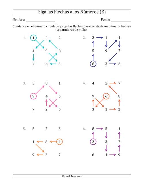 La hoja de ejercicios de Siga las Flechas para Construir un Número e Incluya Separadores de Millar (Números de la Cuadrícula Regados) (E)