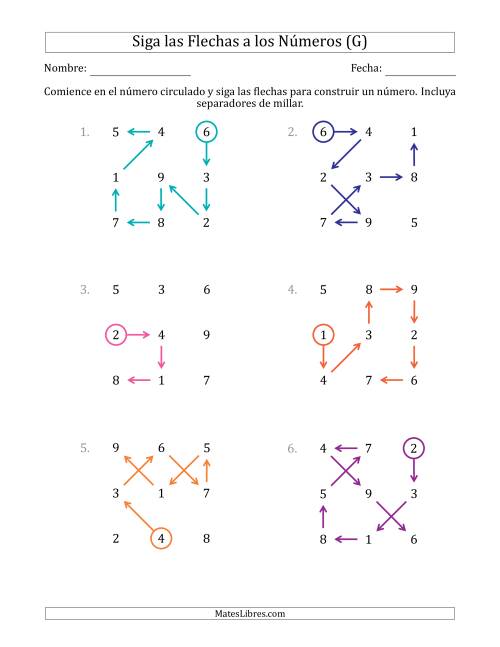 La hoja de ejercicios de Siga las Flechas para Construir un Número e Incluya Separadores de Millar (Números de la Cuadrícula Regados) (G)