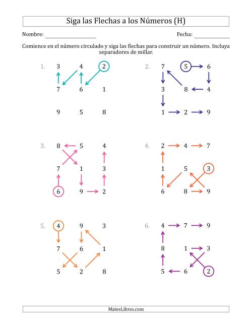 La hoja de ejercicios de Siga las Flechas para Construir un Número e Incluya Separadores de Millar (Números de la Cuadrícula Regados) (H)