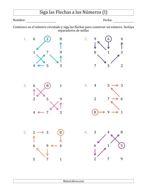 La hoja de ejercicios de Siga las Flechas para Construir un Número e Incluya Separadores de Millar (Números de la Cuadrícula Regados) (I)