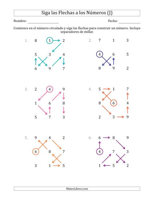 La hoja de ejercicios de Siga las Flechas para Construir un Número e Incluya Separadores de Millar (Números de la Cuadrícula Regados) (J)