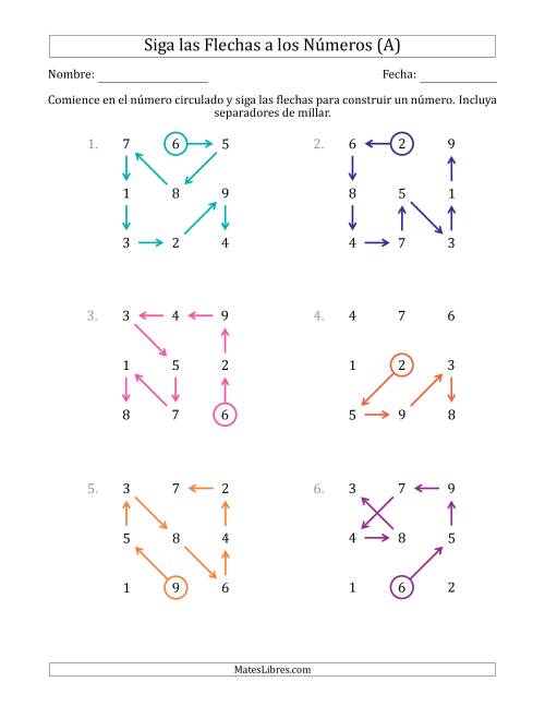 La hoja de ejercicios de Siga las Flechas para Construir un Número e Incluya Separadores de Millar (Números de la Cuadrícula Regados) (Todas)