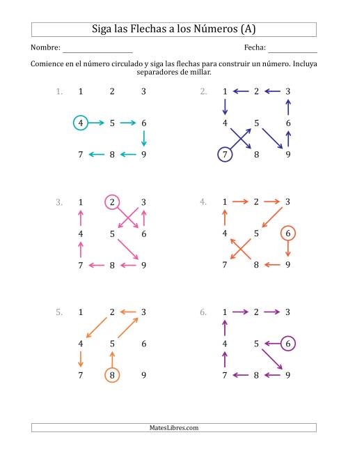 La hoja de ejercicios de Siga las Flechas para Construir un Número e Incluya Separadores de Millar (Números de la Cuadrícula Ordenados) (A)