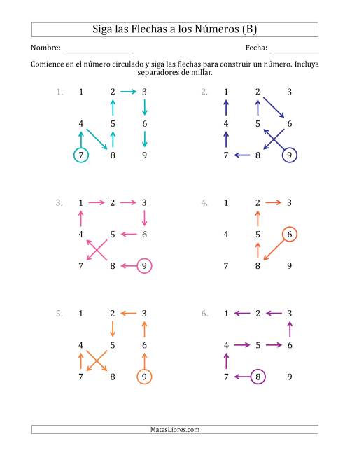 La hoja de ejercicios de Siga las Flechas para Construir un Número e Incluya Separadores de Millar (Números de la Cuadrícula Ordenados) (B)