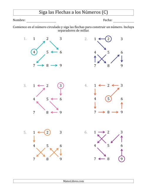 La hoja de ejercicios de Siga las Flechas para Construir un Número e Incluya Separadores de Millar (Números de la Cuadrícula Ordenados) (C)