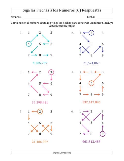 La hoja de ejercicios de Siga las Flechas para Construir un Número e Incluya Separadores de Millar (Números de la Cuadrícula Ordenados) (C) Página 2