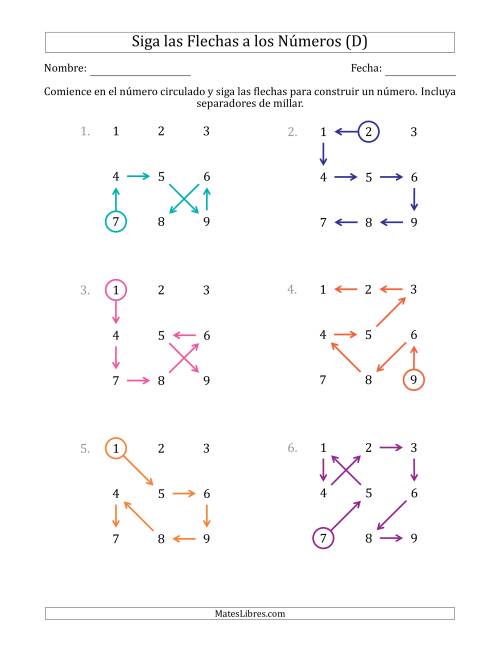 La hoja de ejercicios de Siga las Flechas para Construir un Número e Incluya Separadores de Millar (Números de la Cuadrícula Ordenados) (D)