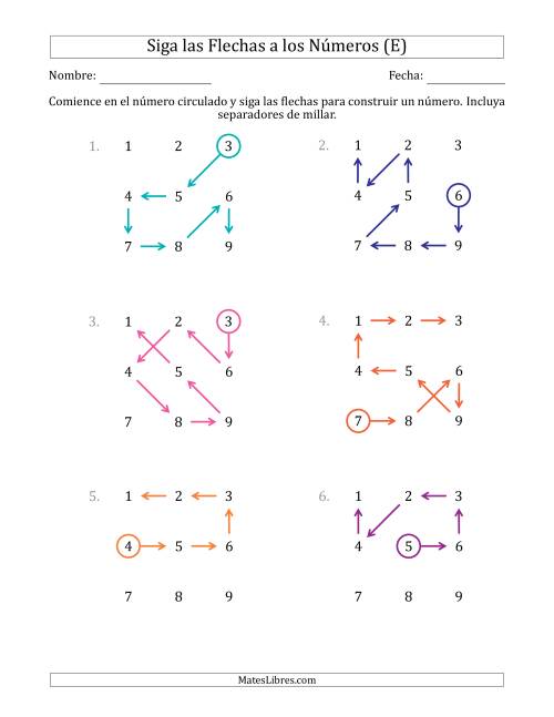 La hoja de ejercicios de Siga las Flechas para Construir un Número e Incluya Separadores de Millar (Números de la Cuadrícula Ordenados) (E)