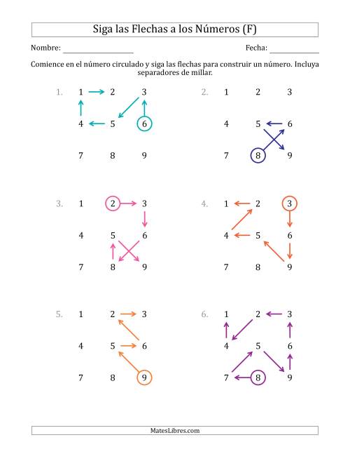 La hoja de ejercicios de Siga las Flechas para Construir un Número e Incluya Separadores de Millar (Números de la Cuadrícula Ordenados) (F)