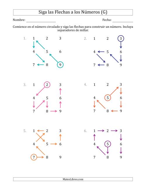 La hoja de ejercicios de Siga las Flechas para Construir un Número e Incluya Separadores de Millar (Números de la Cuadrícula Ordenados) (G)