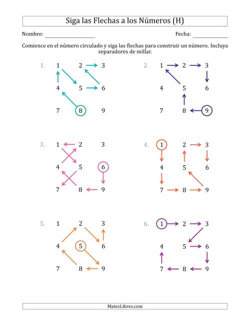 La hoja de ejercicios de Siga las Flechas para Construir un Número e Incluya Separadores de Millar (Números de la Cuadrícula Ordenados) (H)