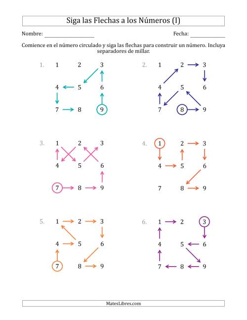 La hoja de ejercicios de Siga las Flechas para Construir un Número e Incluya Separadores de Millar (Números de la Cuadrícula Ordenados) (I)
