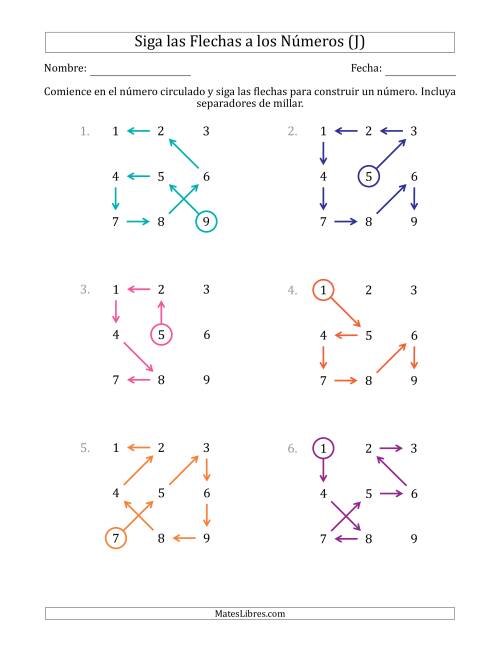 La hoja de ejercicios de Siga las Flechas para Construir un Número e Incluya Separadores de Millar (Números de la Cuadrícula Ordenados) (J)