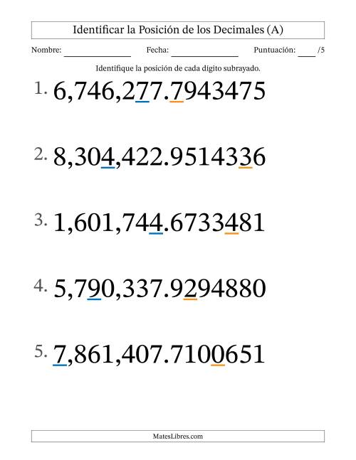 La hoja de ejercicios de Identificar Posición de Números con Decimales desde Las Diezmillonésimas hasta Los Millones (Formato Grande) (A)