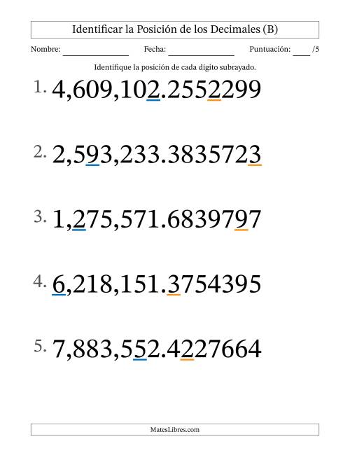 La hoja de ejercicios de Identificar Posición de Números con Decimales desde Las Diezmillonésimas hasta Los Millones (Formato Grande) (B)