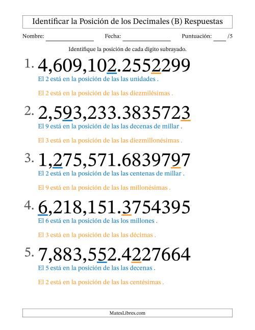 La hoja de ejercicios de Identificar Posición de Números con Decimales desde Las Diezmillonésimas hasta Los Millones (Formato Grande) (B) Página 2