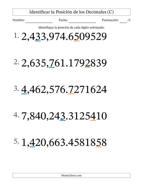 La hoja de ejercicios de Identificar Posición de Números con Decimales desde Las Diezmillonésimas hasta Los Millones (Formato Grande) (C)