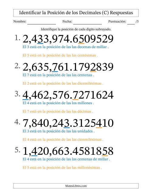 La hoja de ejercicios de Identificar Posición de Números con Decimales desde Las Diezmillonésimas hasta Los Millones (Formato Grande) (C) Página 2