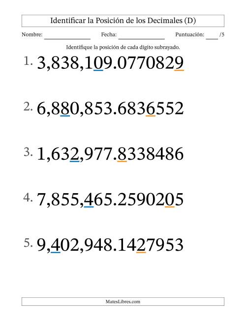 La hoja de ejercicios de Identificar Posición de Números con Decimales desde Las Diezmillonésimas hasta Los Millones (Formato Grande) (D)