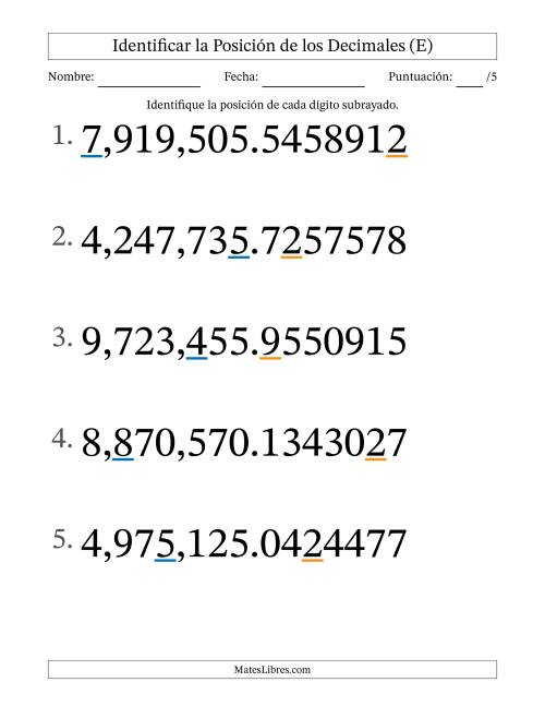 La hoja de ejercicios de Identificar Posición de Números con Decimales desde Las Diezmillonésimas hasta Los Millones (Formato Grande) (E)