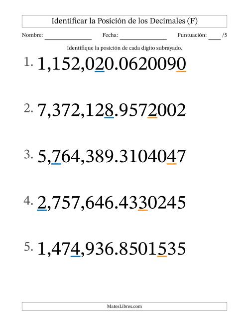 La hoja de ejercicios de Identificar Posición de Números con Decimales desde Las Diezmillonésimas hasta Los Millones (Formato Grande) (F)