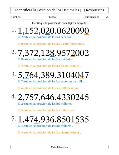 La hoja de ejercicios de Identificar Posición de Números con Decimales desde Las Diezmillonésimas hasta Los Millones (Formato Grande) (F) Página 2