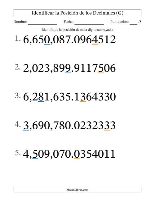 La hoja de ejercicios de Identificar Posición de Números con Decimales desde Las Diezmillonésimas hasta Los Millones (Formato Grande) (G)