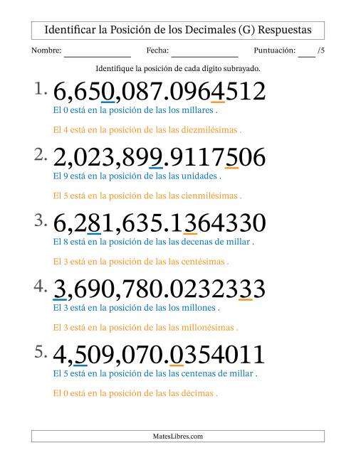 La hoja de ejercicios de Identificar Posición de Números con Decimales desde Las Diezmillonésimas hasta Los Millones (Formato Grande) (G) Página 2