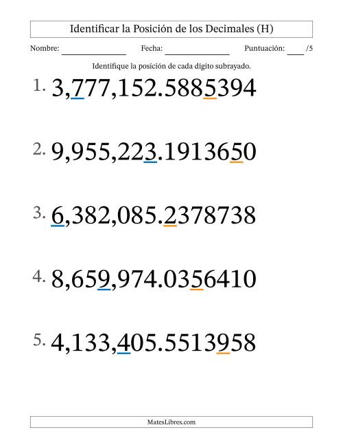 La hoja de ejercicios de Identificar Posición de Números con Decimales desde Las Diezmillonésimas hasta Los Millones (Formato Grande) (H)