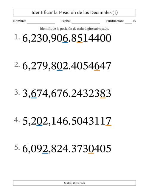 La hoja de ejercicios de Identificar Posición de Números con Decimales desde Las Diezmillonésimas hasta Los Millones (Formato Grande) (I)