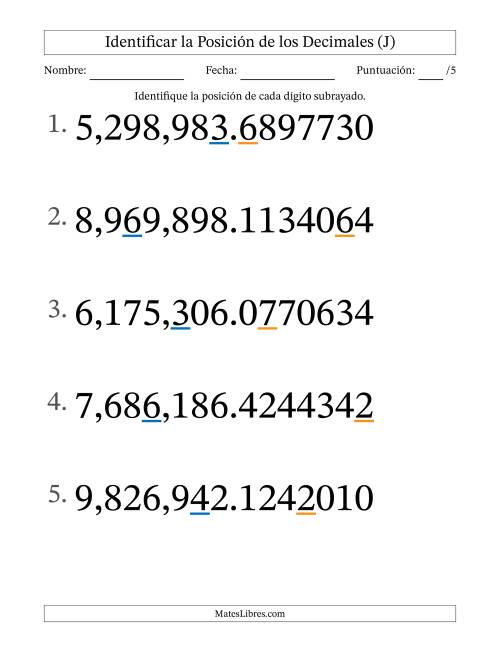 La hoja de ejercicios de Identificar Posición de Números con Decimales desde Las Diezmillonésimas hasta Los Millones (Formato Grande) (J)