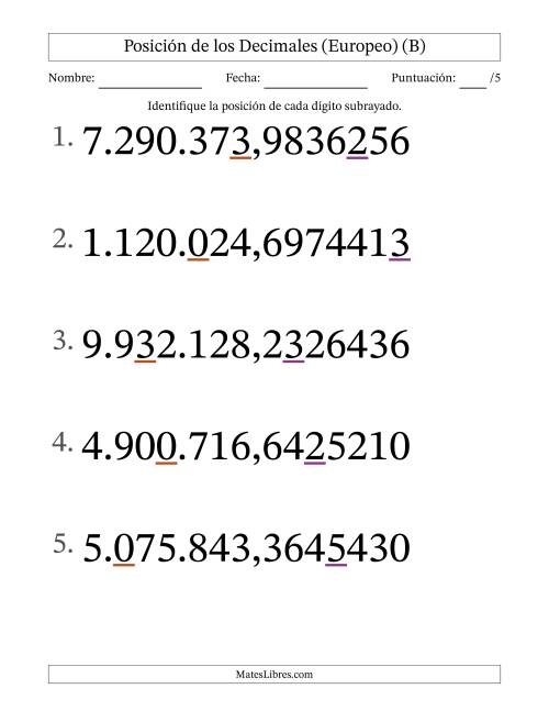 La hoja de ejercicios de Identificar Posición de Números con Decimales desde Las Diezmillonésimas hasta Los Millones (Formato Grande), Formato Europeo (B)
