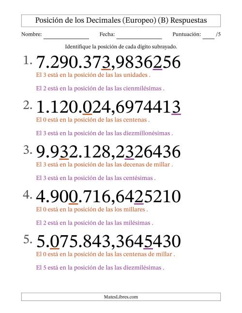 La hoja de ejercicios de Identificar Posición de Números con Decimales desde Las Diezmillonésimas hasta Los Millones (Formato Grande), Formato Europeo (B) Página 2
