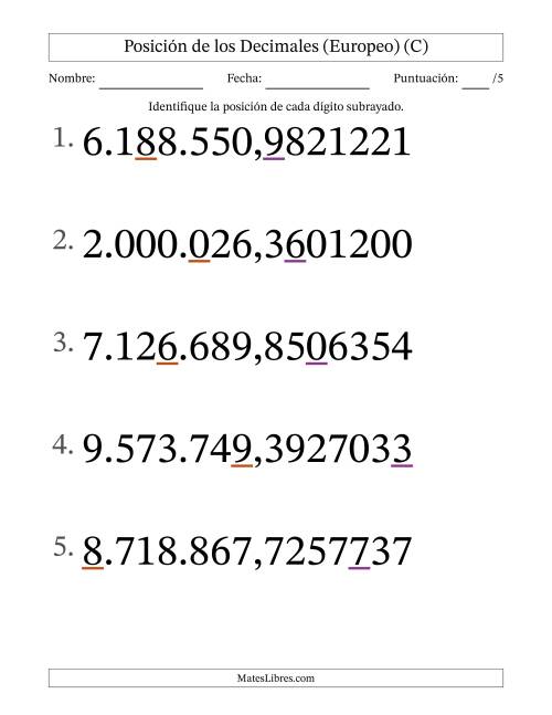 La hoja de ejercicios de Identificar Posición de Números con Decimales desde Las Diezmillonésimas hasta Los Millones (Formato Grande), Formato Europeo (C)