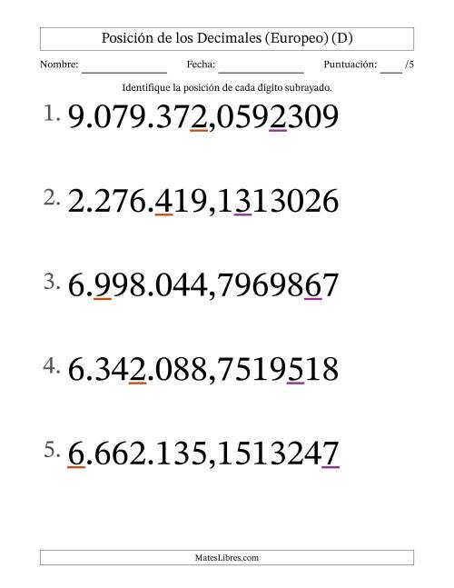 La hoja de ejercicios de Identificar Posición de Números con Decimales desde Las Diezmillonésimas hasta Los Millones (Formato Grande), Formato Europeo (D)