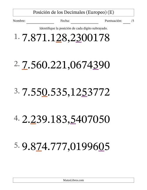La hoja de ejercicios de Identificar Posición de Números con Decimales desde Las Diezmillonésimas hasta Los Millones (Formato Grande), Formato Europeo (E)