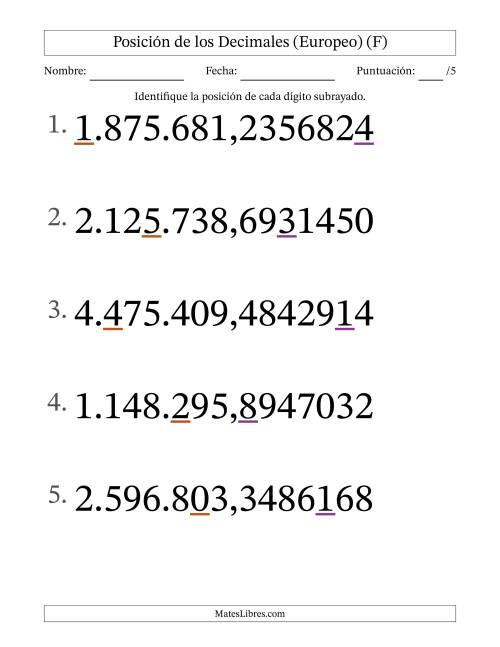 La hoja de ejercicios de Identificar Posición de Números con Decimales desde Las Diezmillonésimas hasta Los Millones (Formato Grande), Formato Europeo (F)