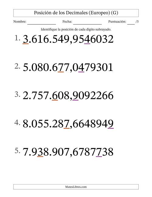 La hoja de ejercicios de Identificar Posición de Números con Decimales desde Las Diezmillonésimas hasta Los Millones (Formato Grande), Formato Europeo (G)