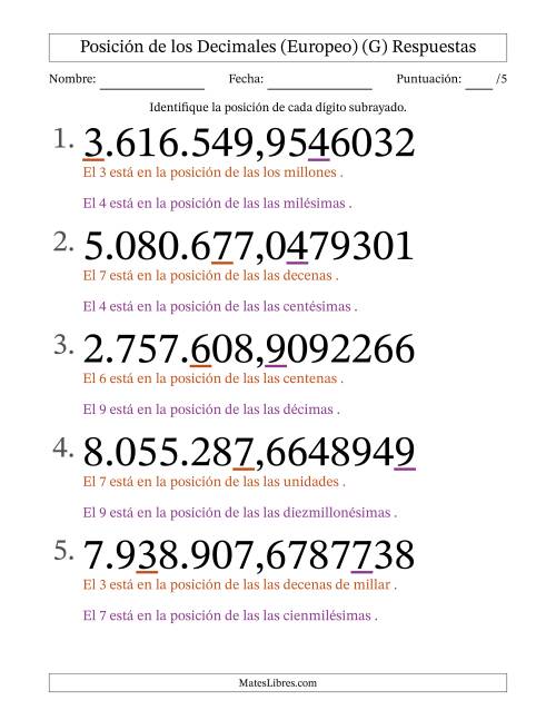 La hoja de ejercicios de Identificar Posición de Números con Decimales desde Las Diezmillonésimas hasta Los Millones (Formato Grande), Formato Europeo (G) Página 2